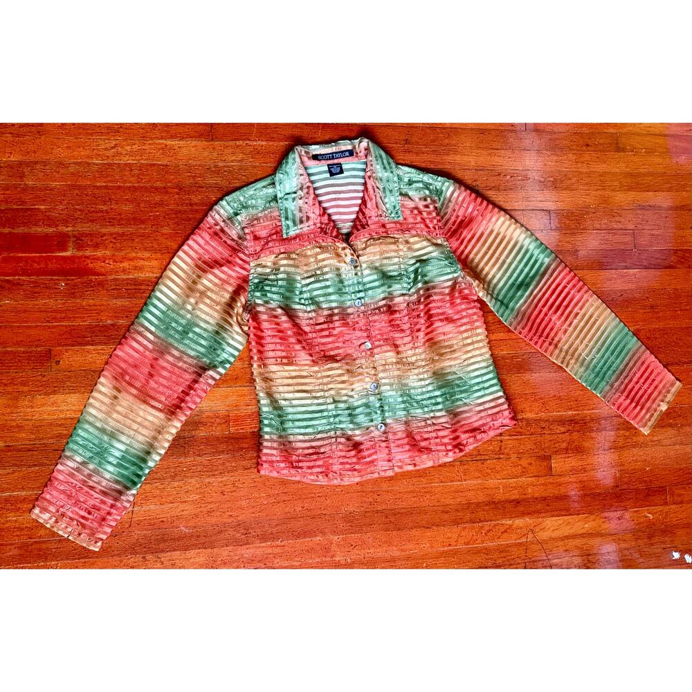 Vintage 90's Scott Taylor Ombre Orange Green Sheer Striped Texture Small Medium